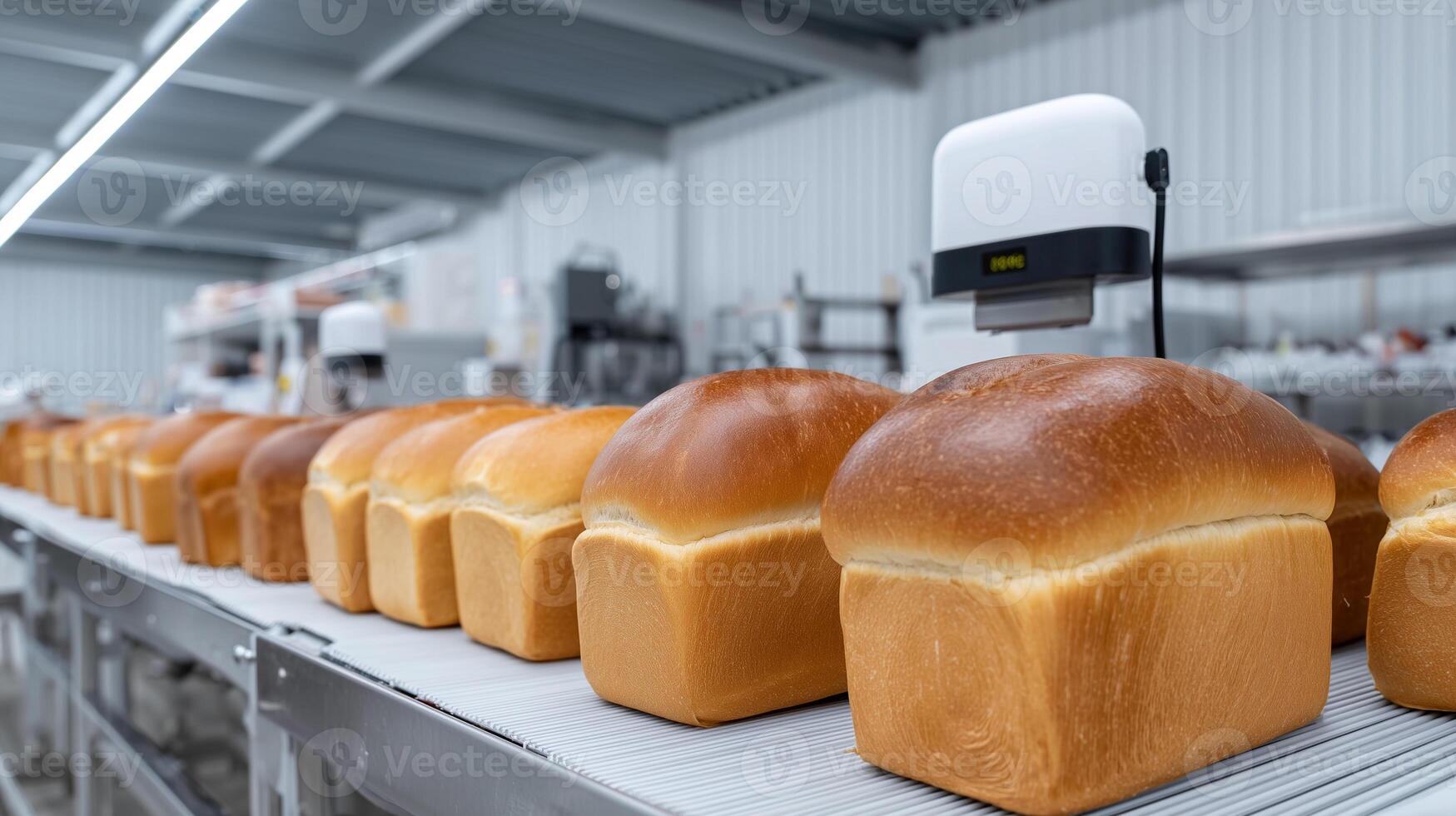 Bread production line with fresh golden loaves on industrial conveyor belt in modern bakery factory. Commercial manufacturing facility showing automated bread processing equipment. photo