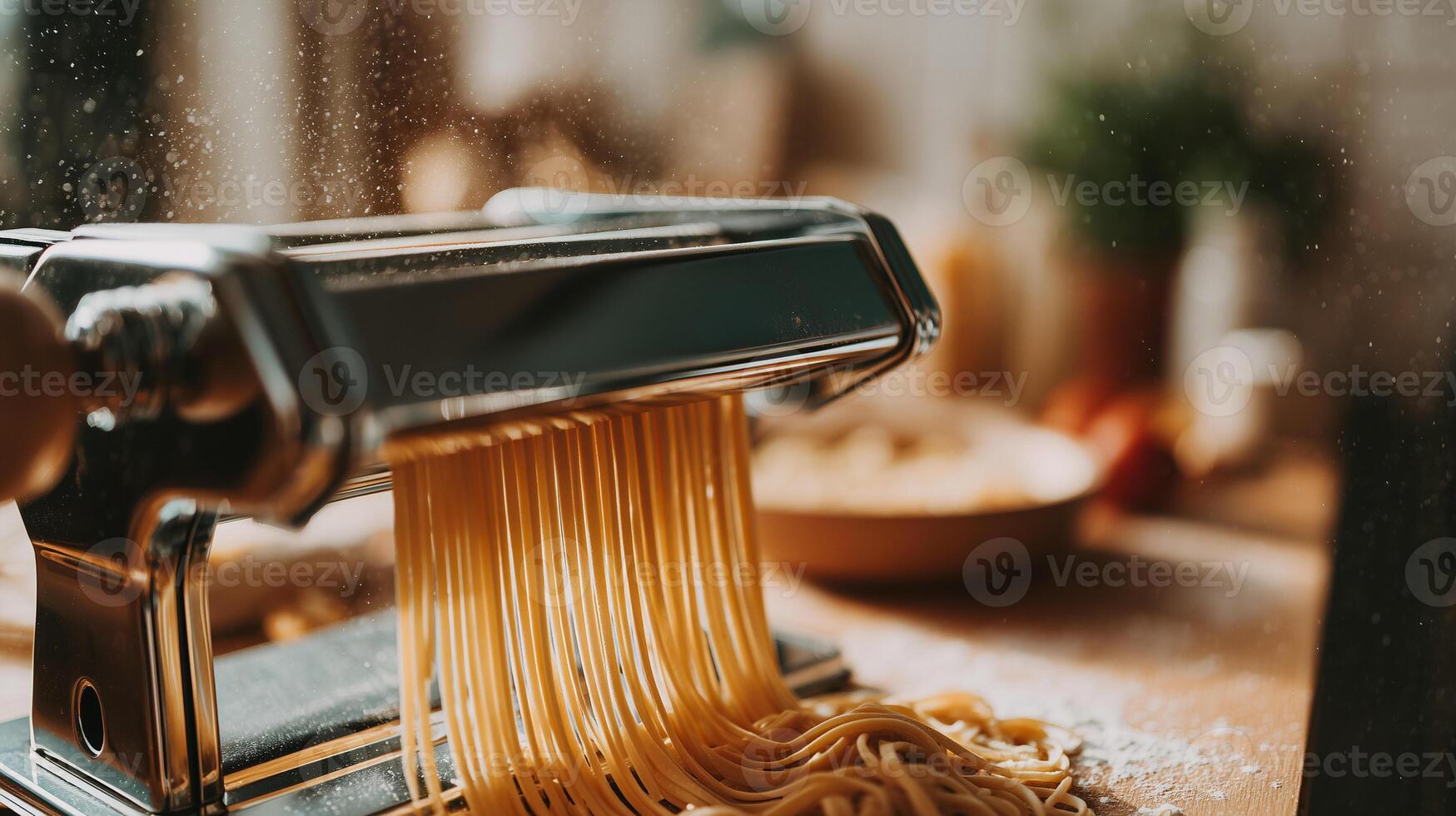 Fresh pasta production through industrial machine. Golden noodles manufacturing process in commercial kitchen facility. Food processing equipment making Italian cuisine. photo