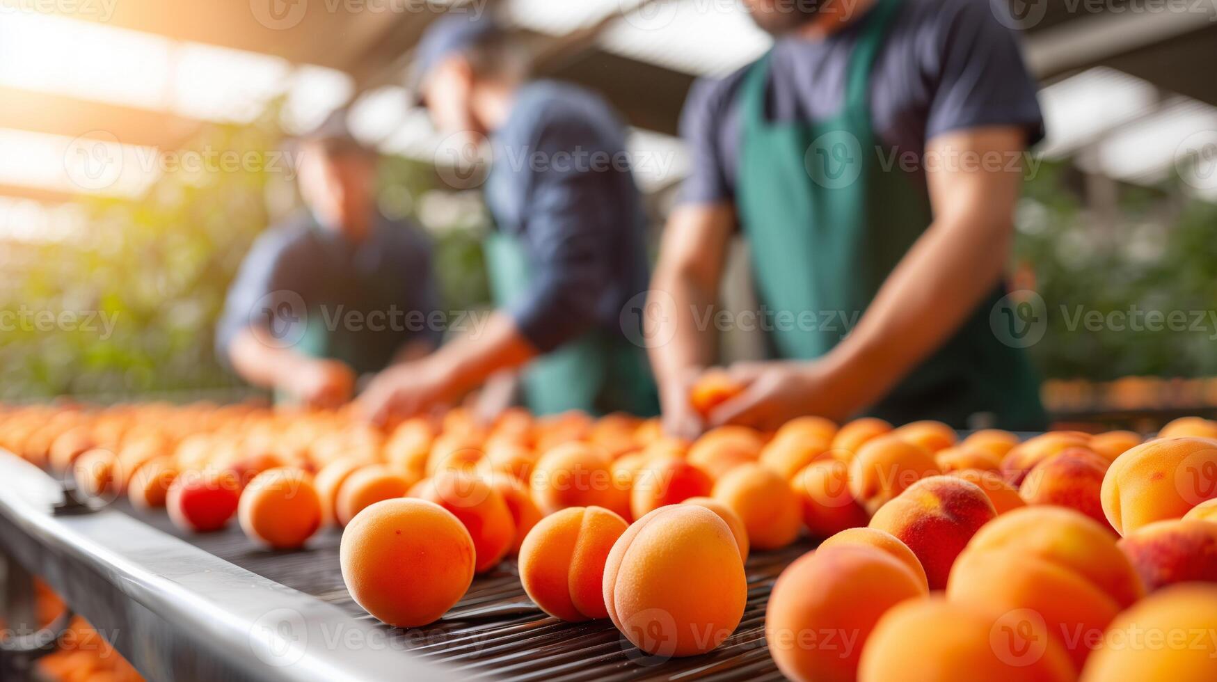 Fresh peaches apricots on conveyor belt at fruit processing factory with workers in aprons. Industrial food production manufacturing facility for healthy organic fruit distribution. photo