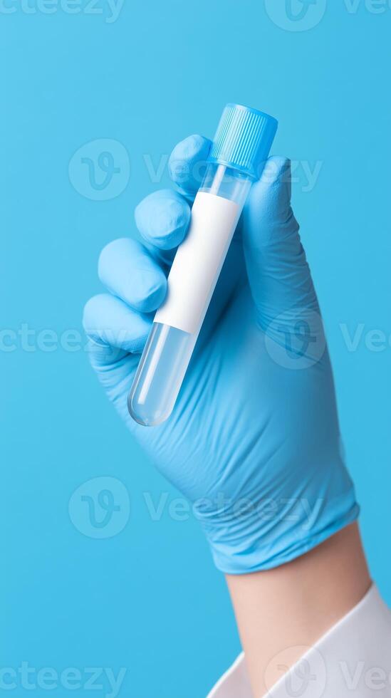 Medical professional holding test tube with blue glove in laboratory. Healthcare science research concept for clinical testing, diagnostics and pharmaceutical analysis procedures. photo