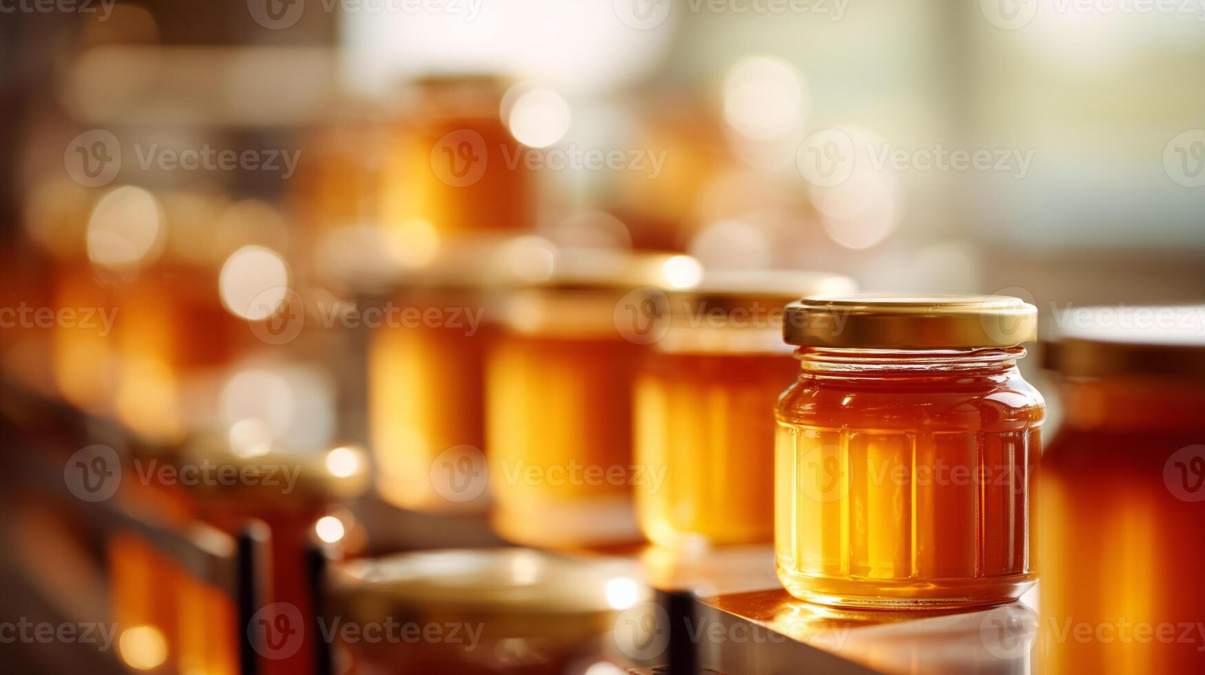 Golden honey jars lined up in production facility with warm amber lighting. Pure natural organic honey in glass containers ready for packaging and distribution from local beekeeping farm. photo