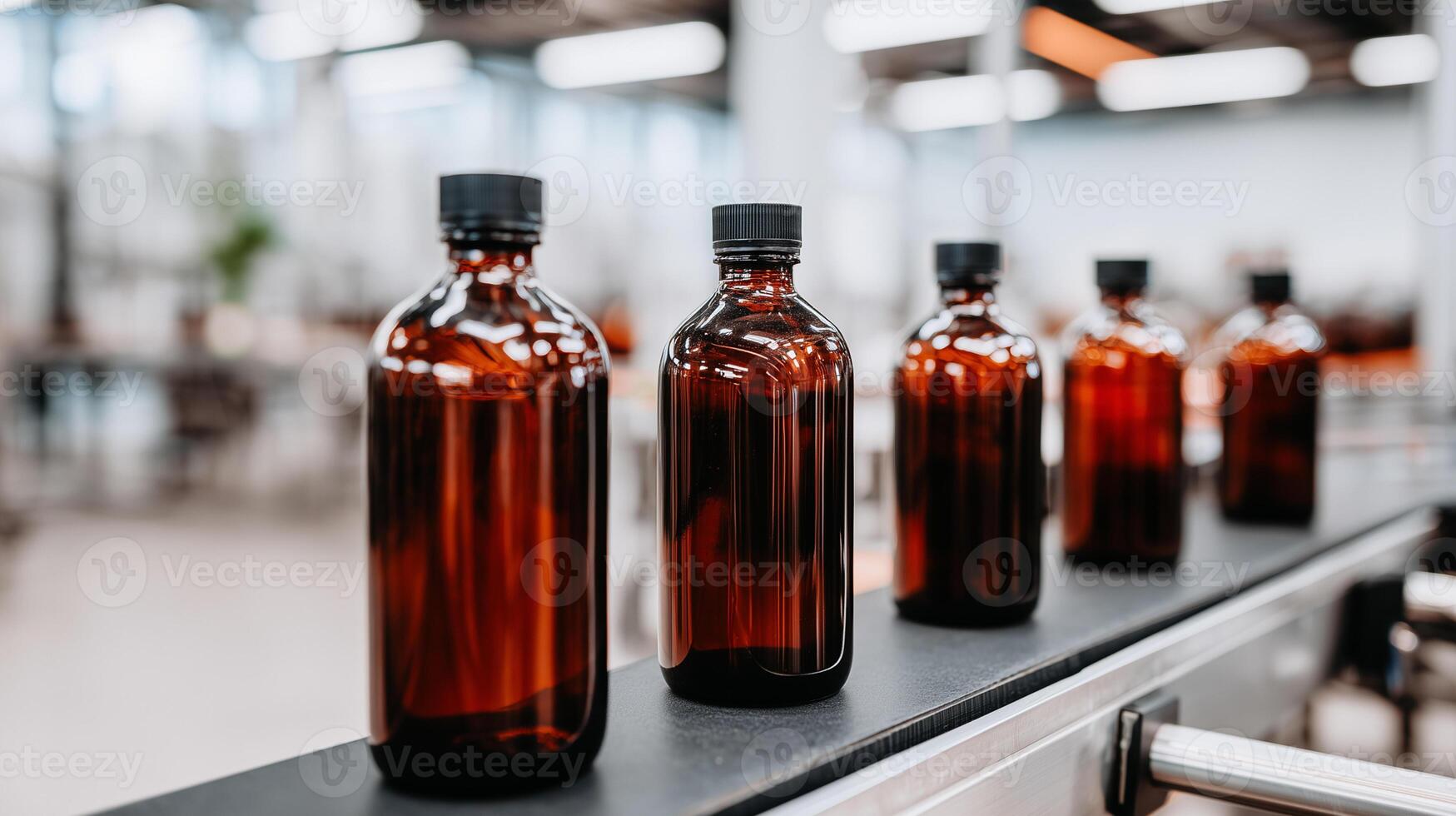 Amber glass bottles with black caps on laboratory counter in pharmaceutical research facility. Medicine chemistry science production workspace for drug development testing. photo