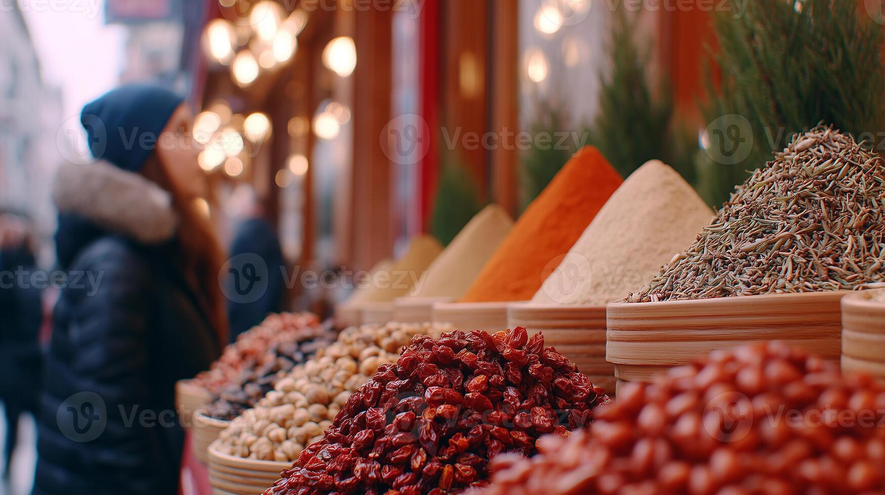 Colorful spices and herbs displayed in traditional market bazaar with wooden bowls. Red dried peppers, aromatic powders and exotic seasonings create vibrant piles at authentic street vendor stall. photo