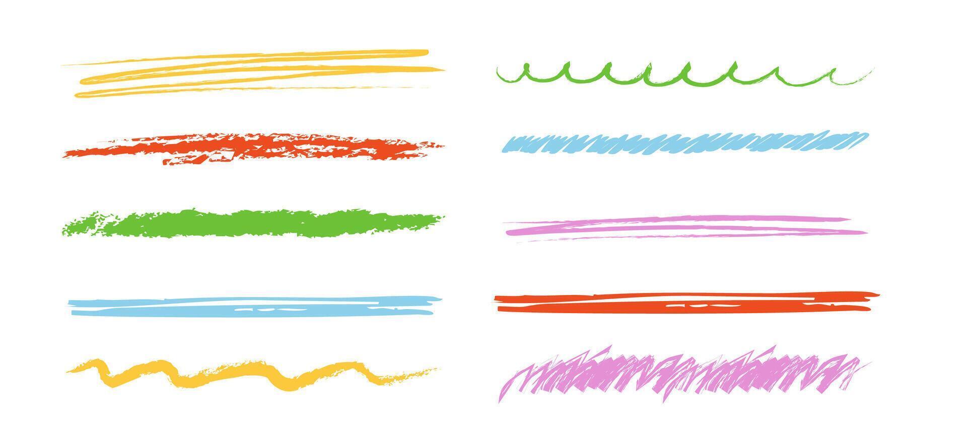 Crayon underline set, pencil chalk kid free hand brush texture. Scribble grunge border simple thin and thick lines. Doodle mark. vector