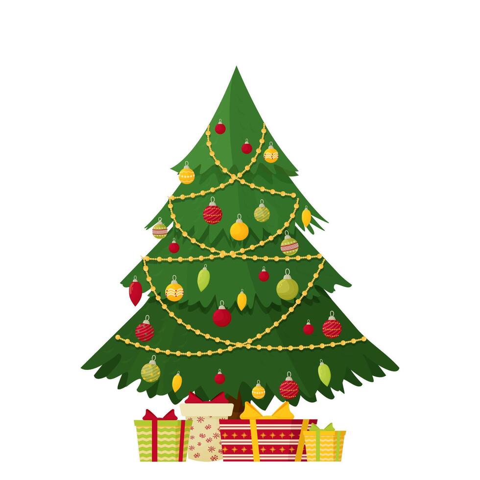 Christmas tree with colorful ornaments and gifts vector