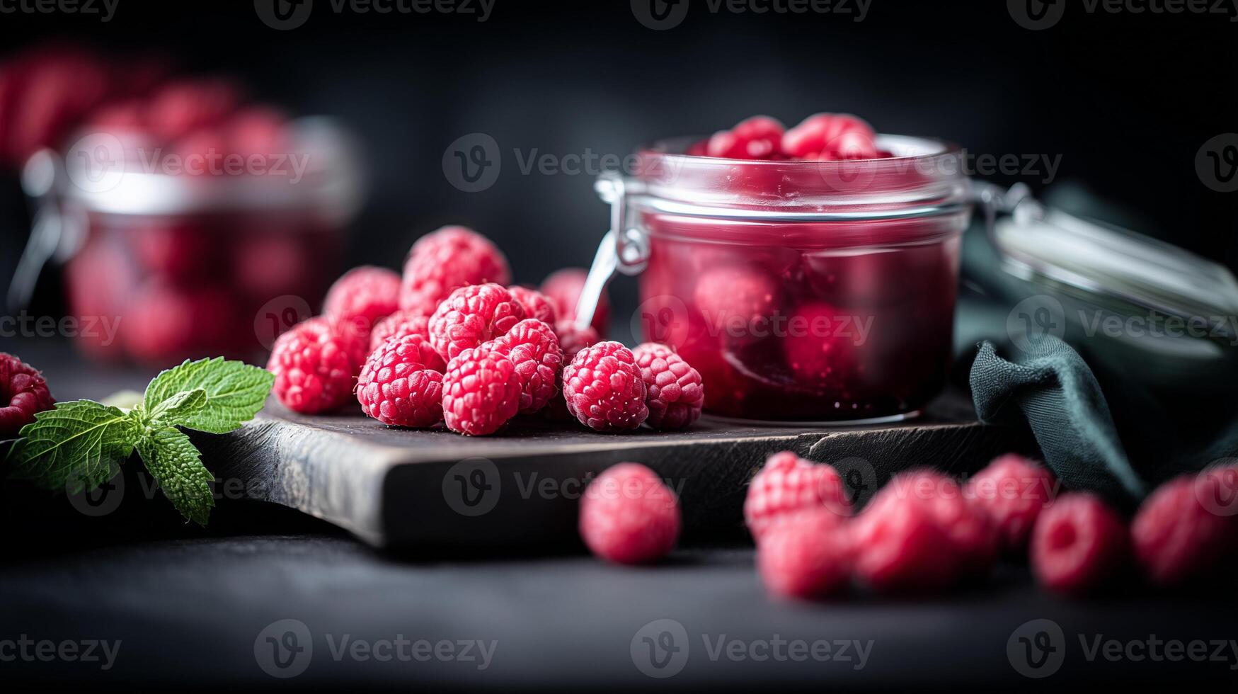 Fresh raspberries in a glass jar photo