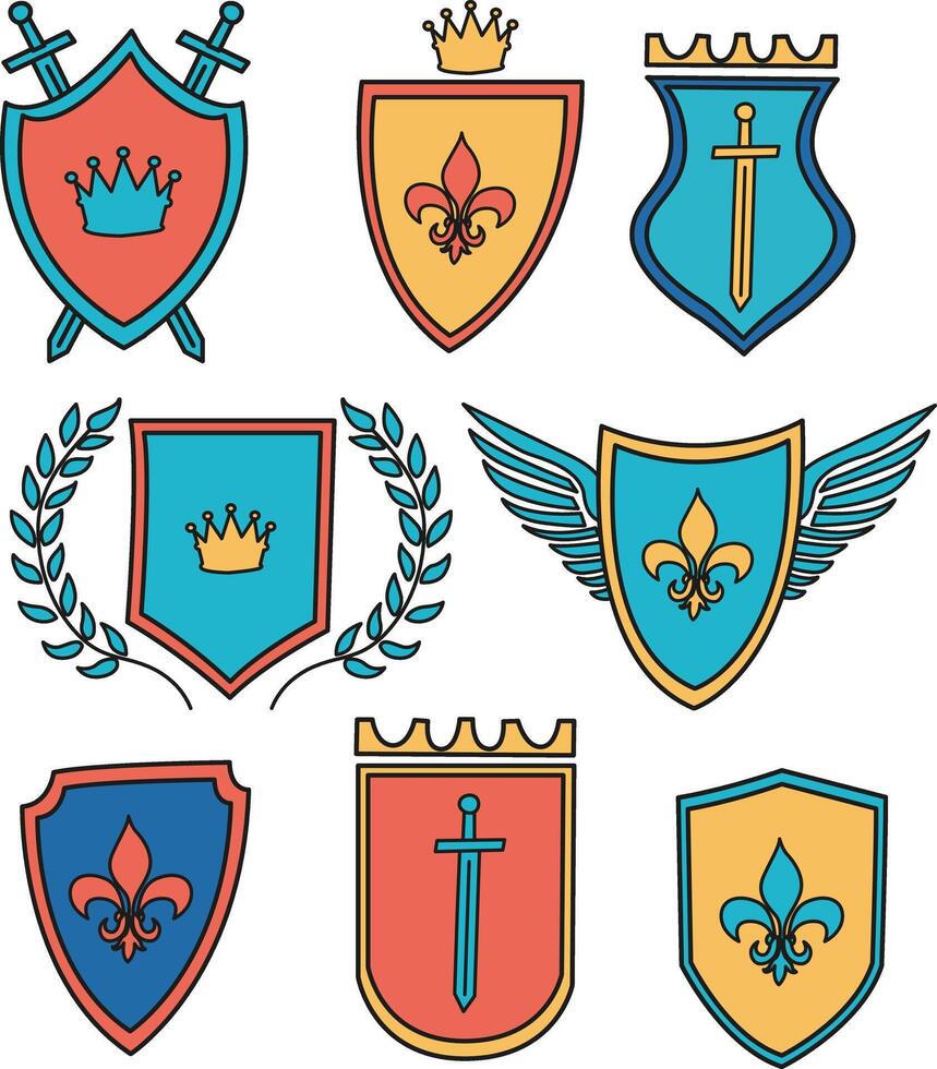Colorful shield designs with crowns and swords vector
