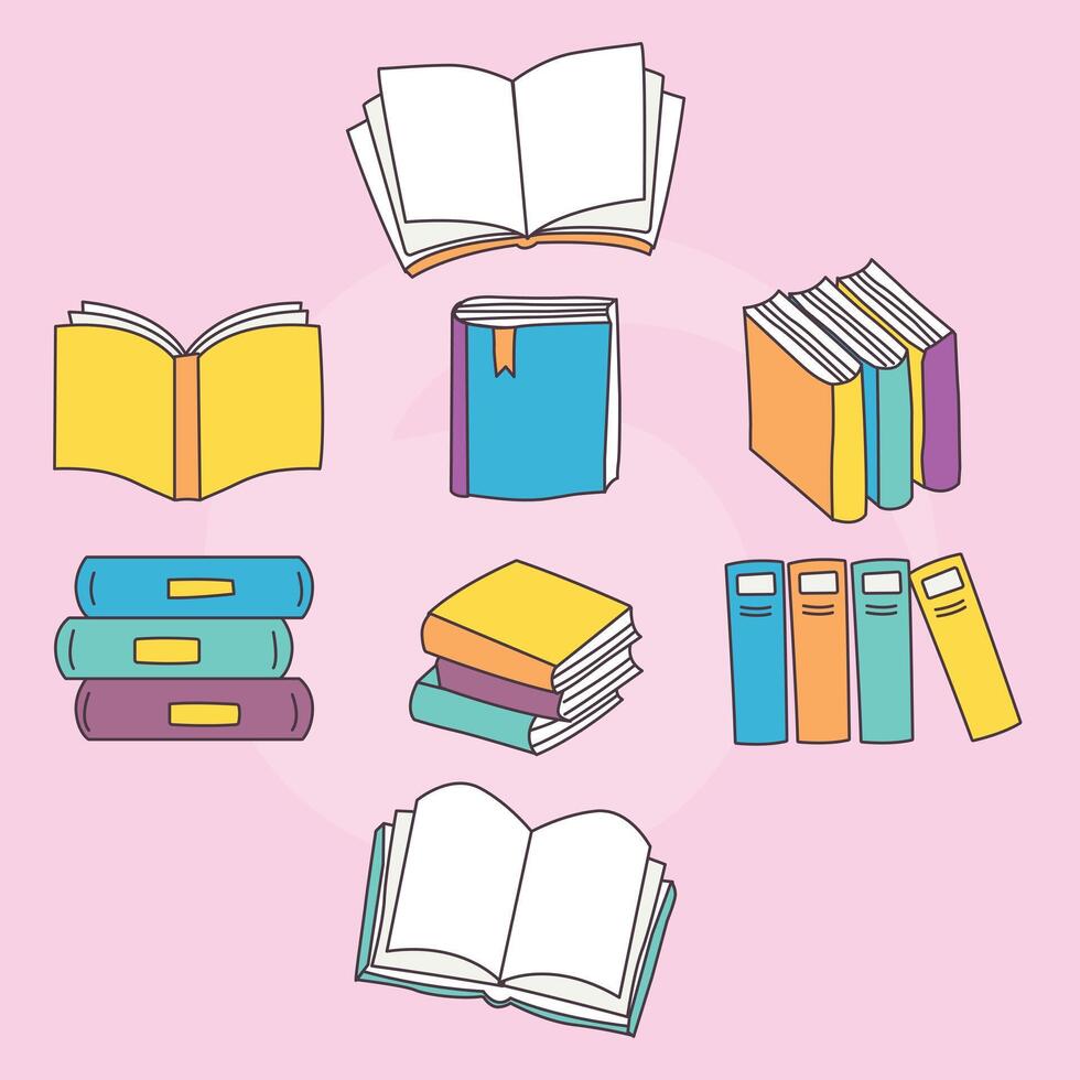 Illustrations of books and notebooks in various styles vector