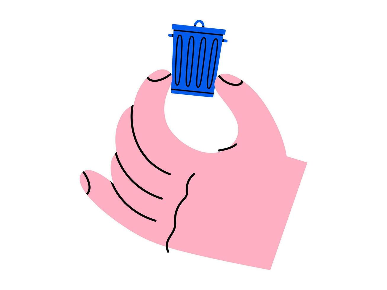 Hand drawn cute cartoon illustration of hand holding small garbage can with lid. Flat trash bin in arm. Environmental pollution design doodle. Ecology sticker, icon. Rubbish disposal. Isolated. vector