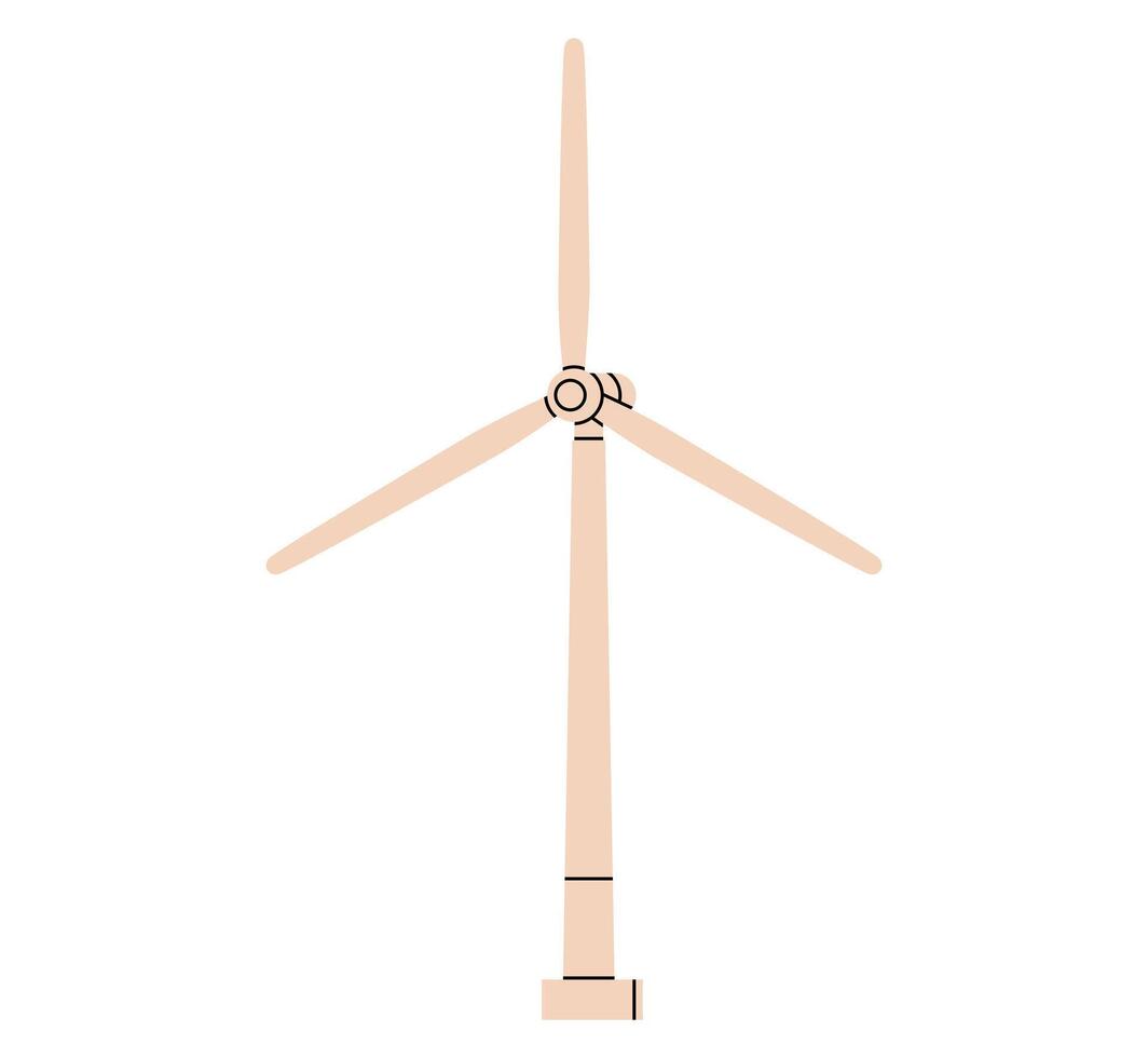 Hand drawn cute cartoon illustration wind turbine or windmill. Flat electricity power generator doodle. Ecology problem sticker, icon. Green renewable energy. Environmental pollution. Isolated. vector