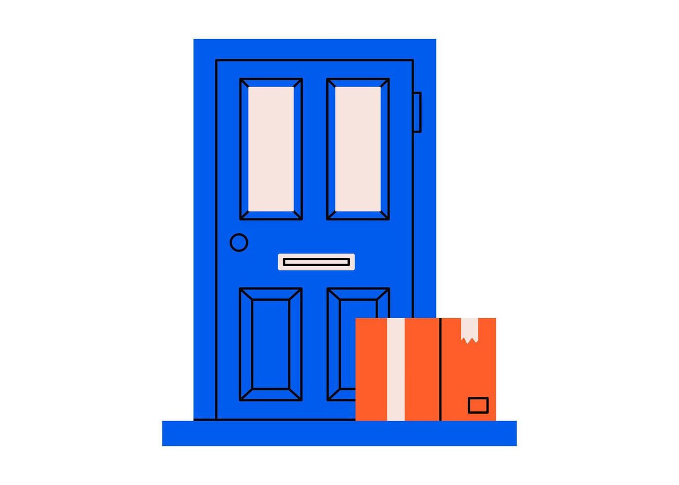 Hand drawn cute illustration of cardboard box in front of door. Flat package delivered to entrance door doodle. Parcel shipping icon. Building exterior. Courier delivery sticker. Isolated. vector