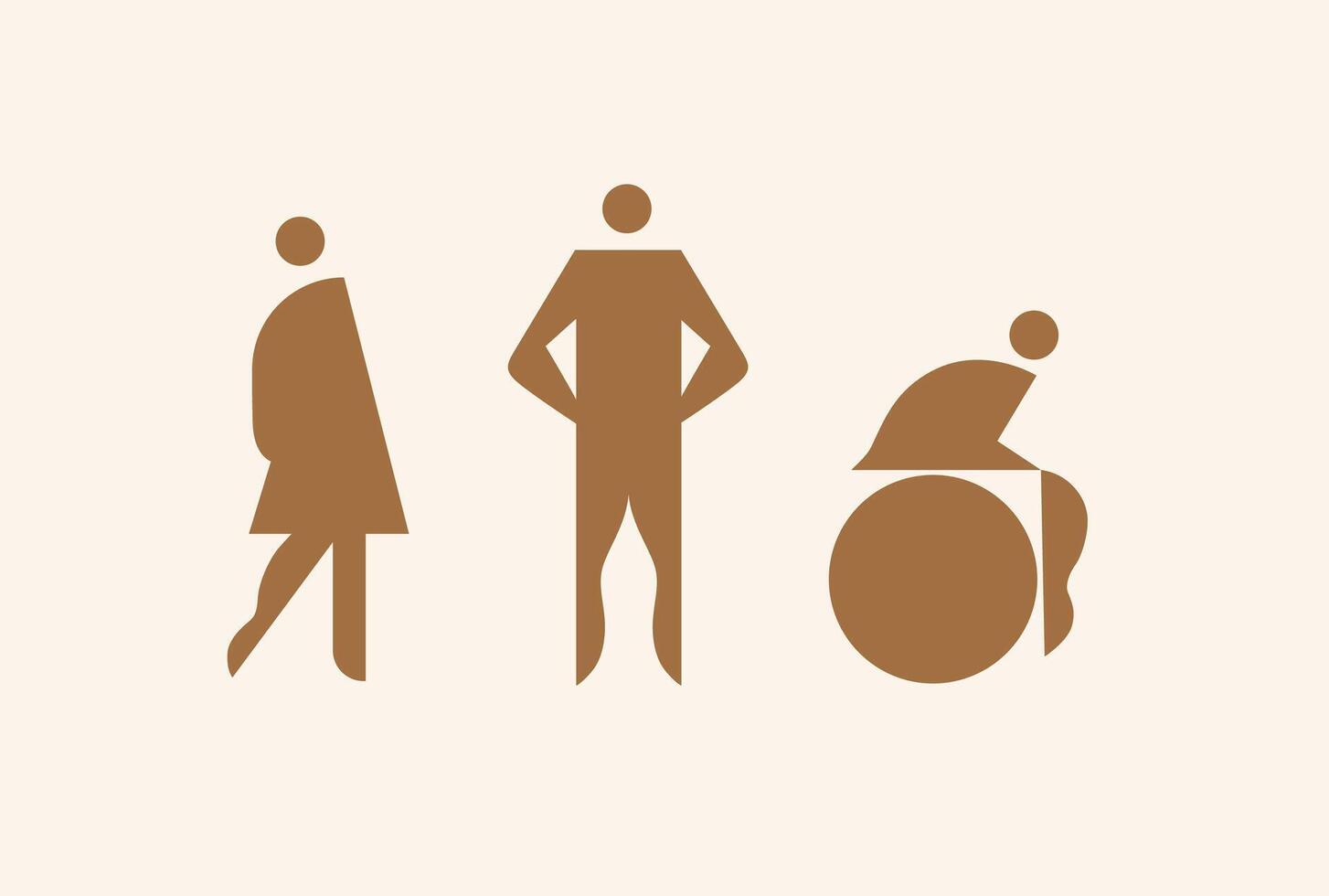 WC room icons male, female, inclusive unisex toilet drawing on beige background vector