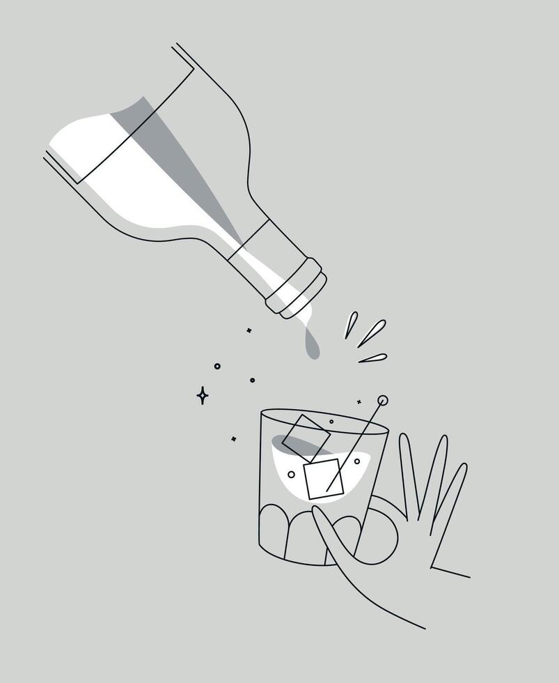 Hand holding glass of whiskey and bottle drawing in flat line style on grey background vector