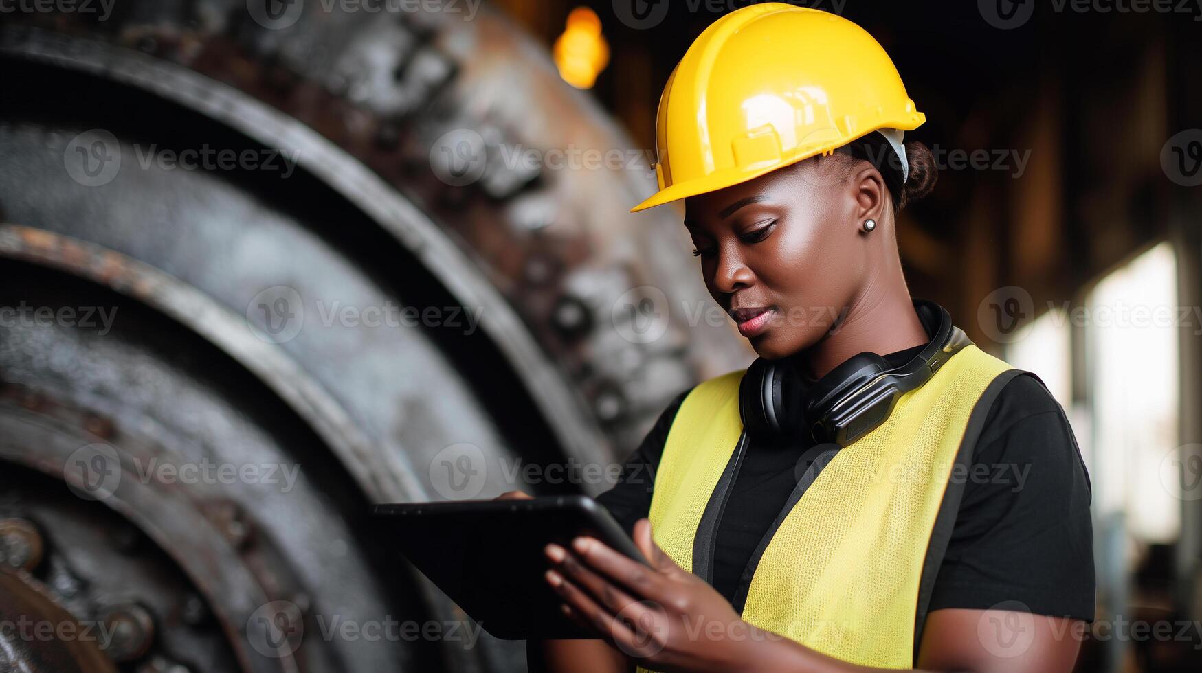 Female engineer with safety helmet using tablet at industrial site. Woman construction worker in protective gear operating digital technology at manufacturing facility. photo
