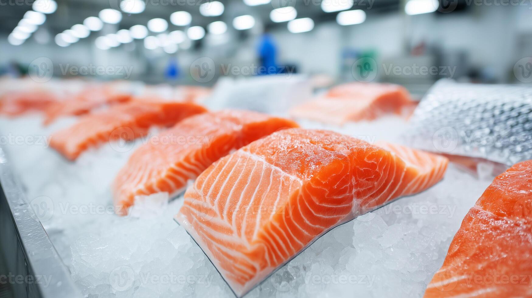 Fresh salmon fillets on ice photo