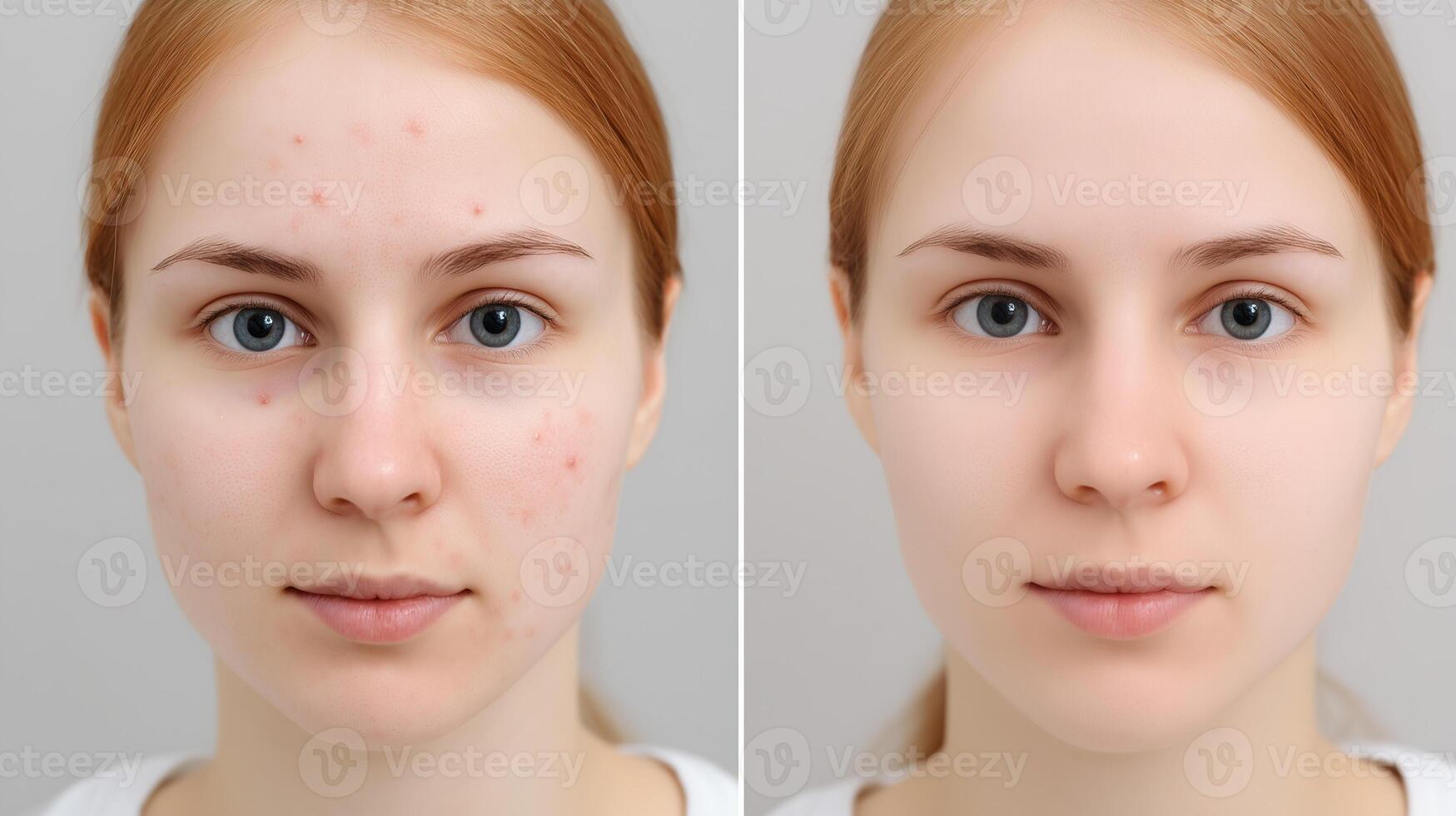 Acne treatment before after comparison showing clear skin transformation. Woman face skincare results dermatology therapy success healthy complexion beauty. photo
