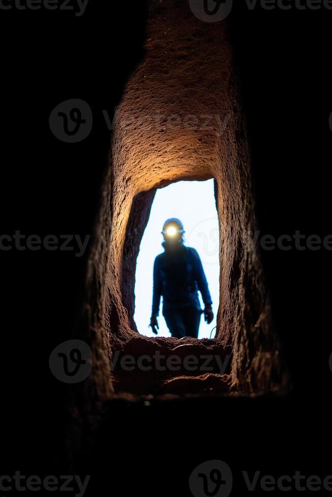 Cave explorer with headlamp silhouette at tunnel entrance, dramatic underground passage with natural light, speleology adventure, mysterious cavern exploration photo