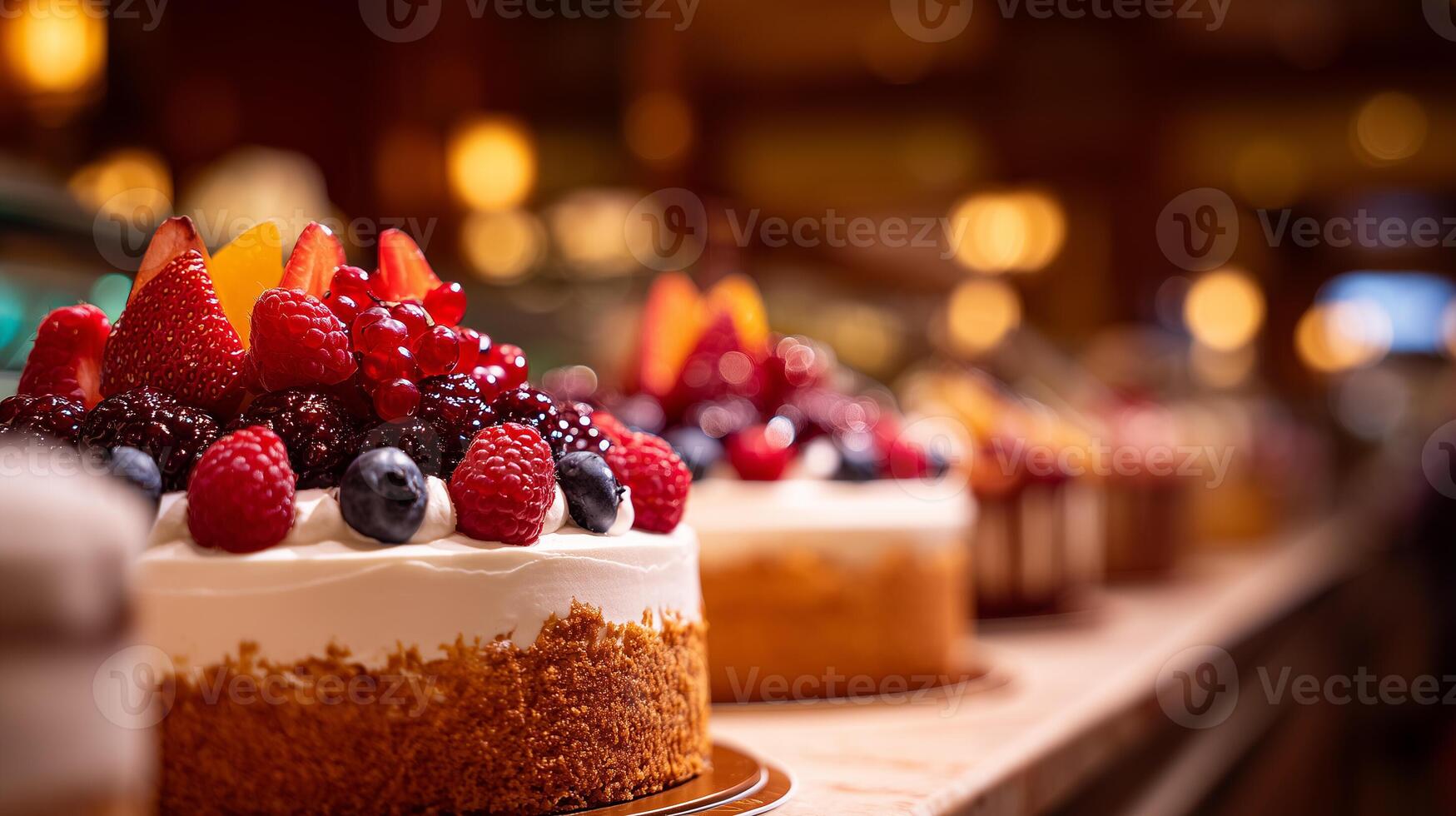 Berry topped cakes on display photo