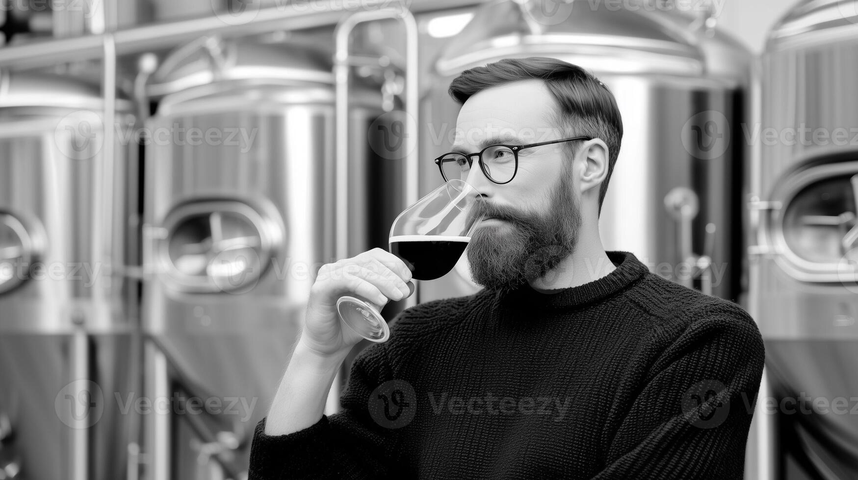 Professional beer taster sampling craft brew in modern brewery production facility. Quality control specialist testing alcohol beverage manufacturing. photo