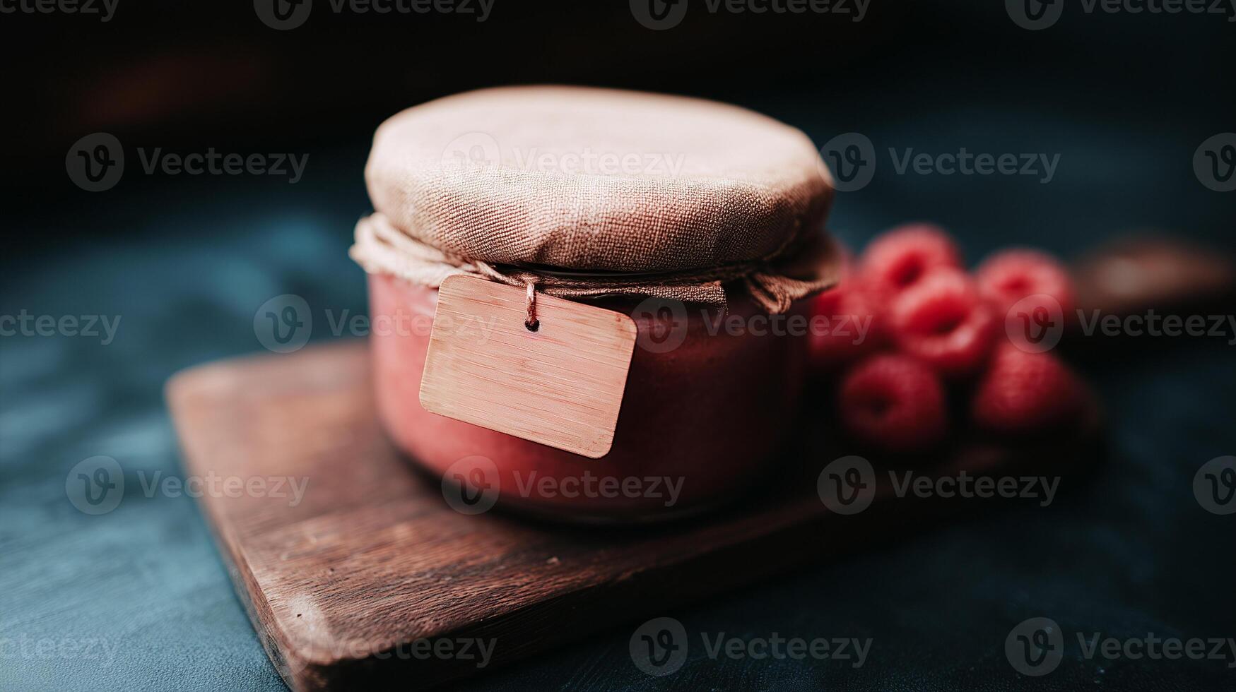 Glass jar mockup with fabric cover and blank wooden tag on cutting board. Homemade preserve container with strawberries, perfect template for food branding and packaging design. photo