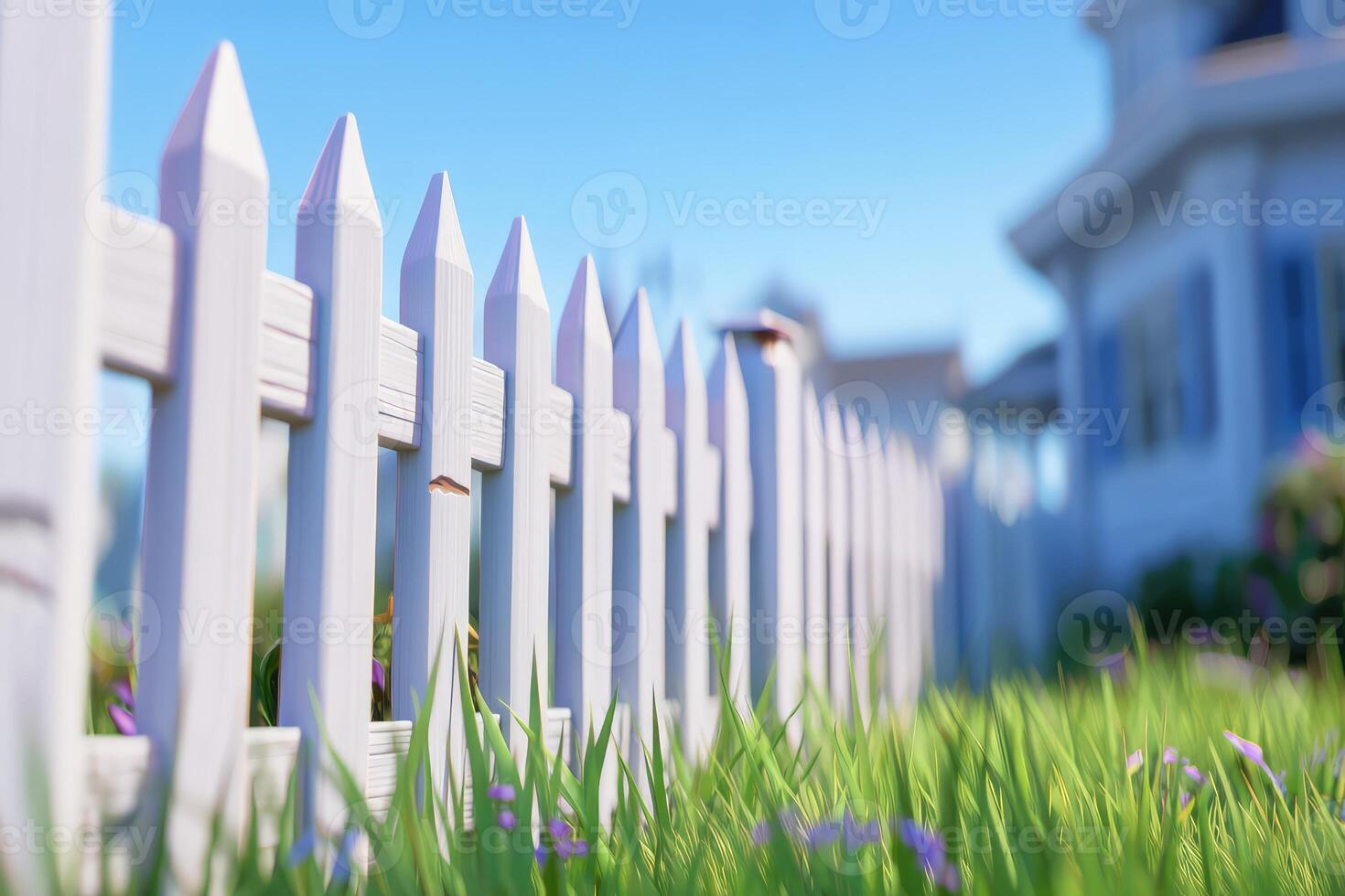 Bright and Cheerful White Picket Fence Surrounded by Lush Green Grass and Colorful Flowers Under a Clear Blue Sky photo