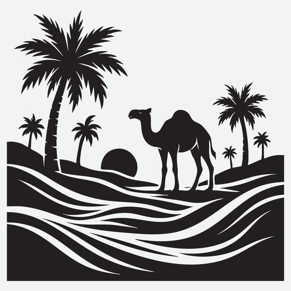 Desert Camel Palm Trees Sunset dunes vector