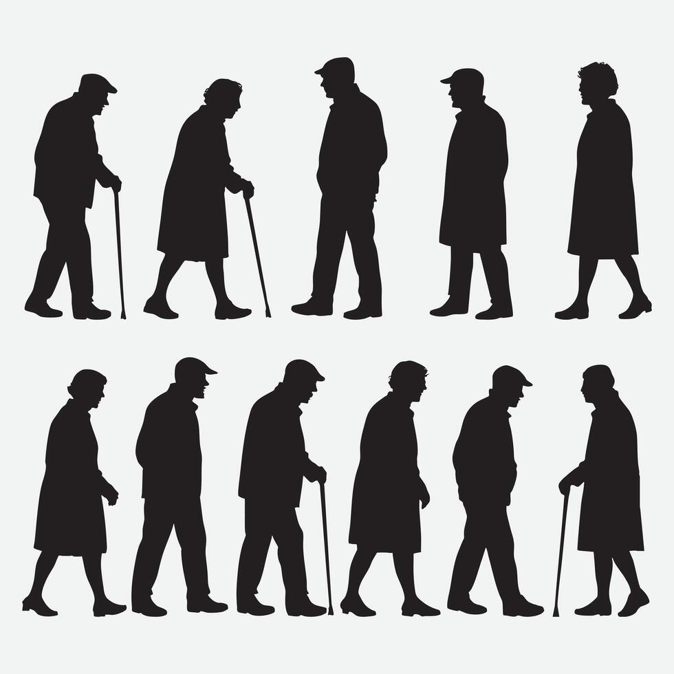 Elderly people silhouettes walking with canes vector