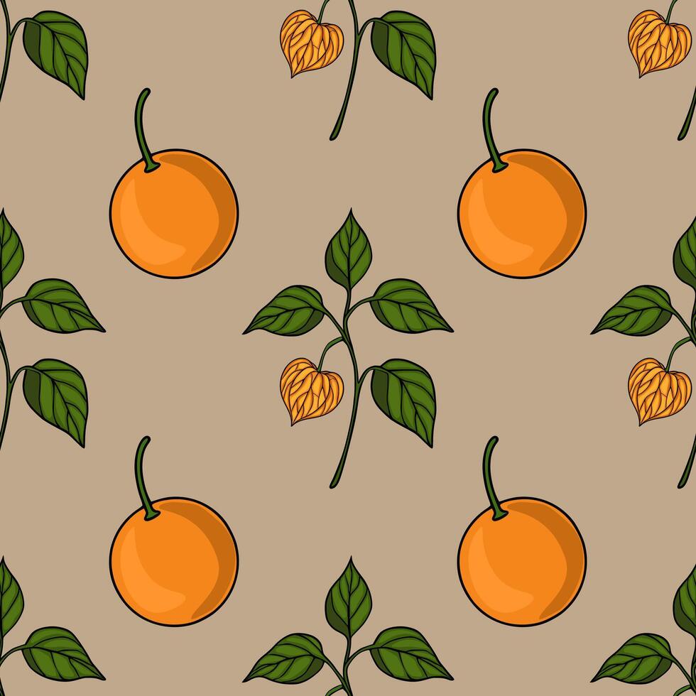 Orange fruits with green leaves pattern vector