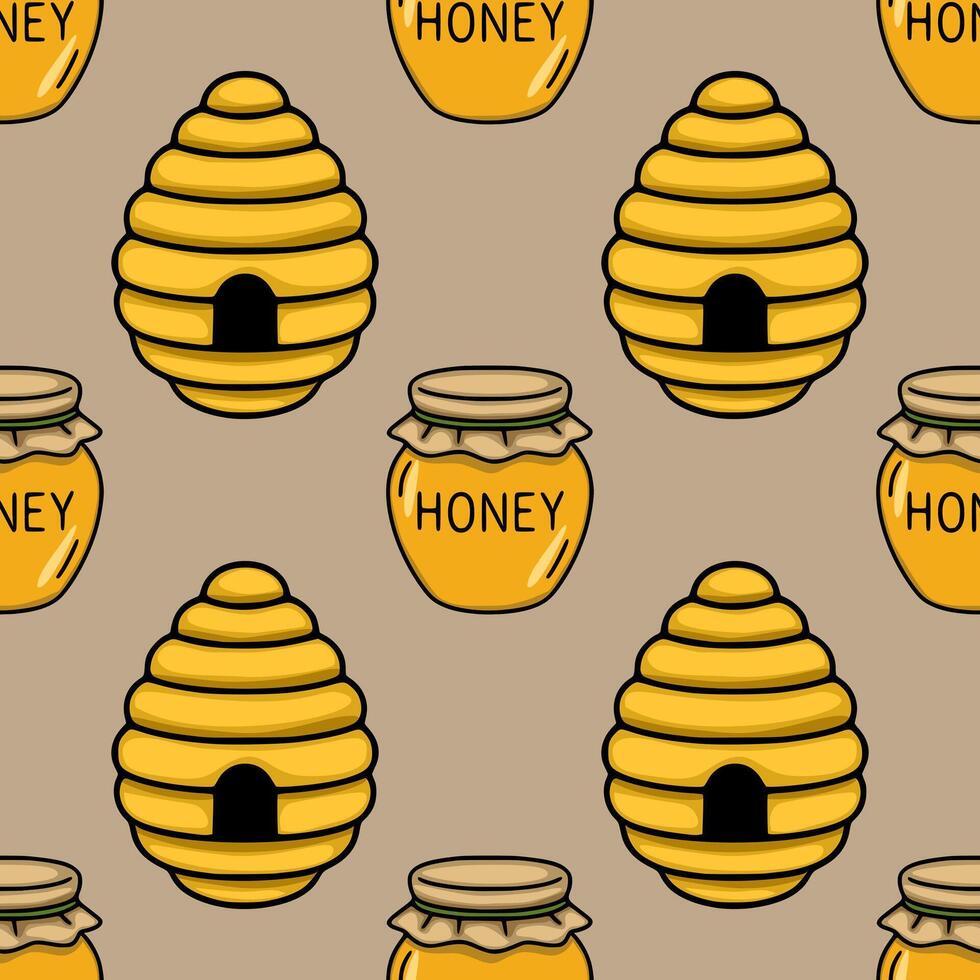Honey jars and beehives pattern vector