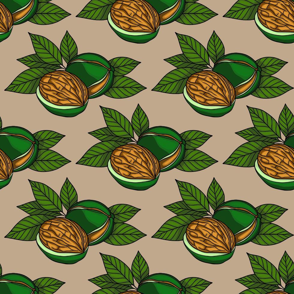 Pistachios and green leaves design pattern vector