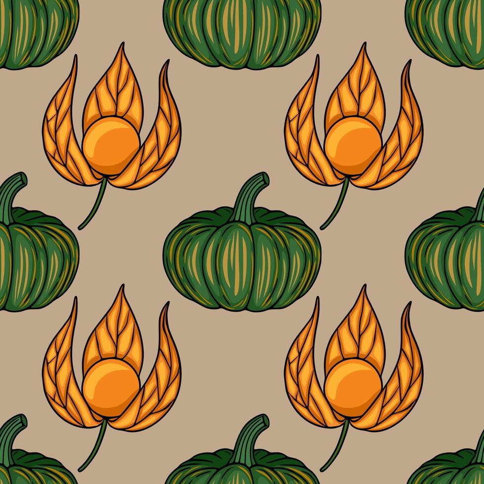 Pumpkins and floral pattern design vector