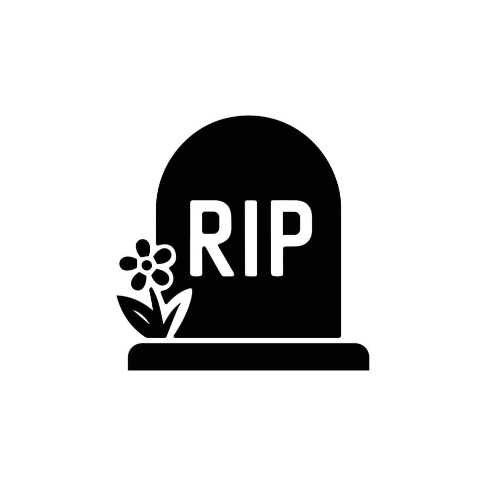 Grave Tombstone Icon with RIP Text and Flower in Black Silhouette vector