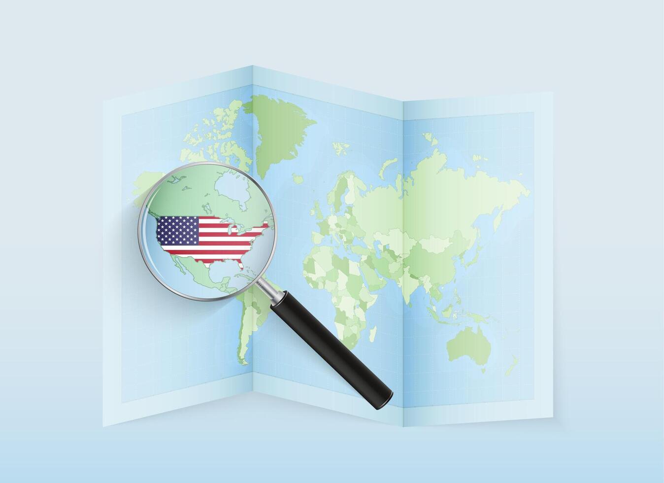 Magnifying glass showing US flag on map vector