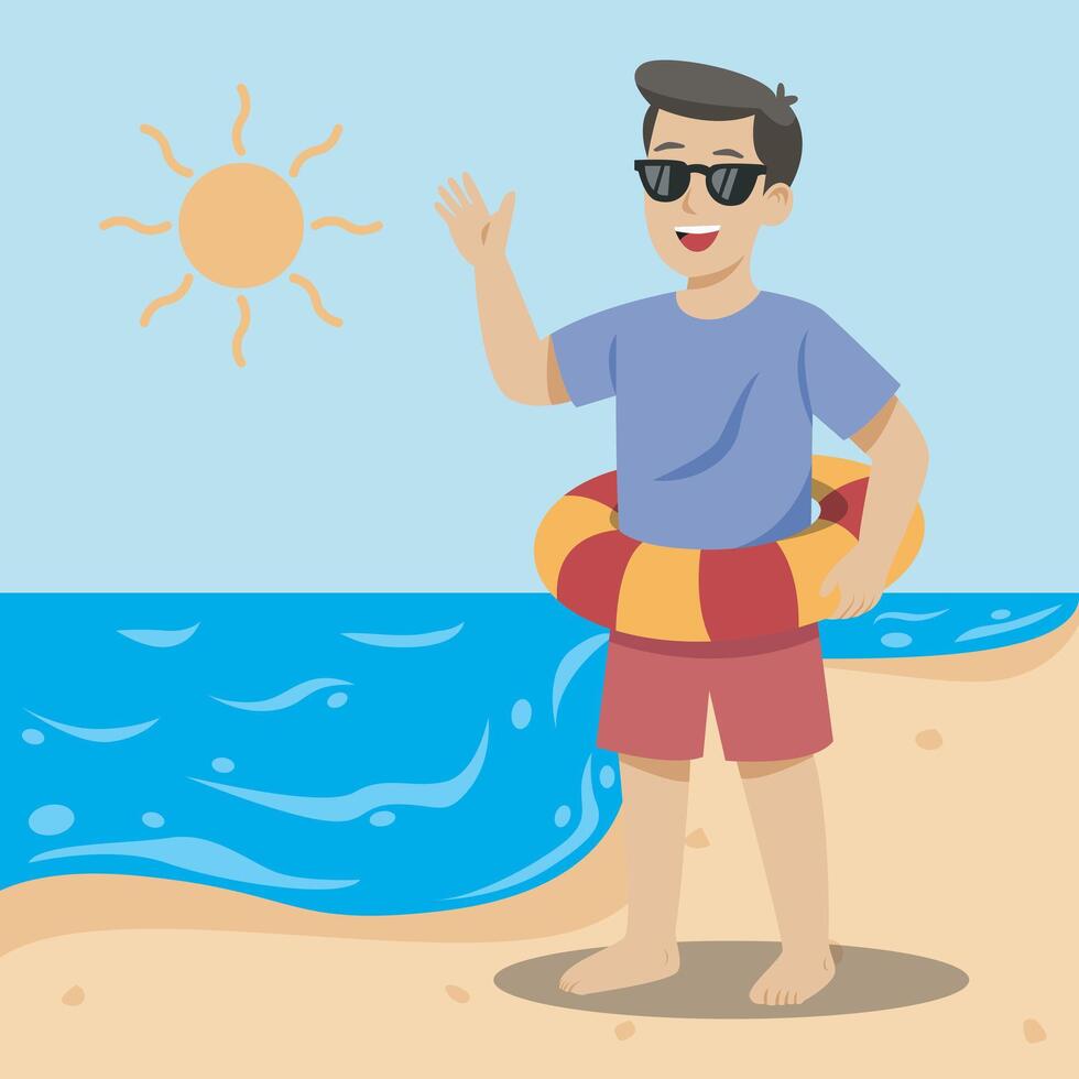 boy with lifebuoy on beach vector