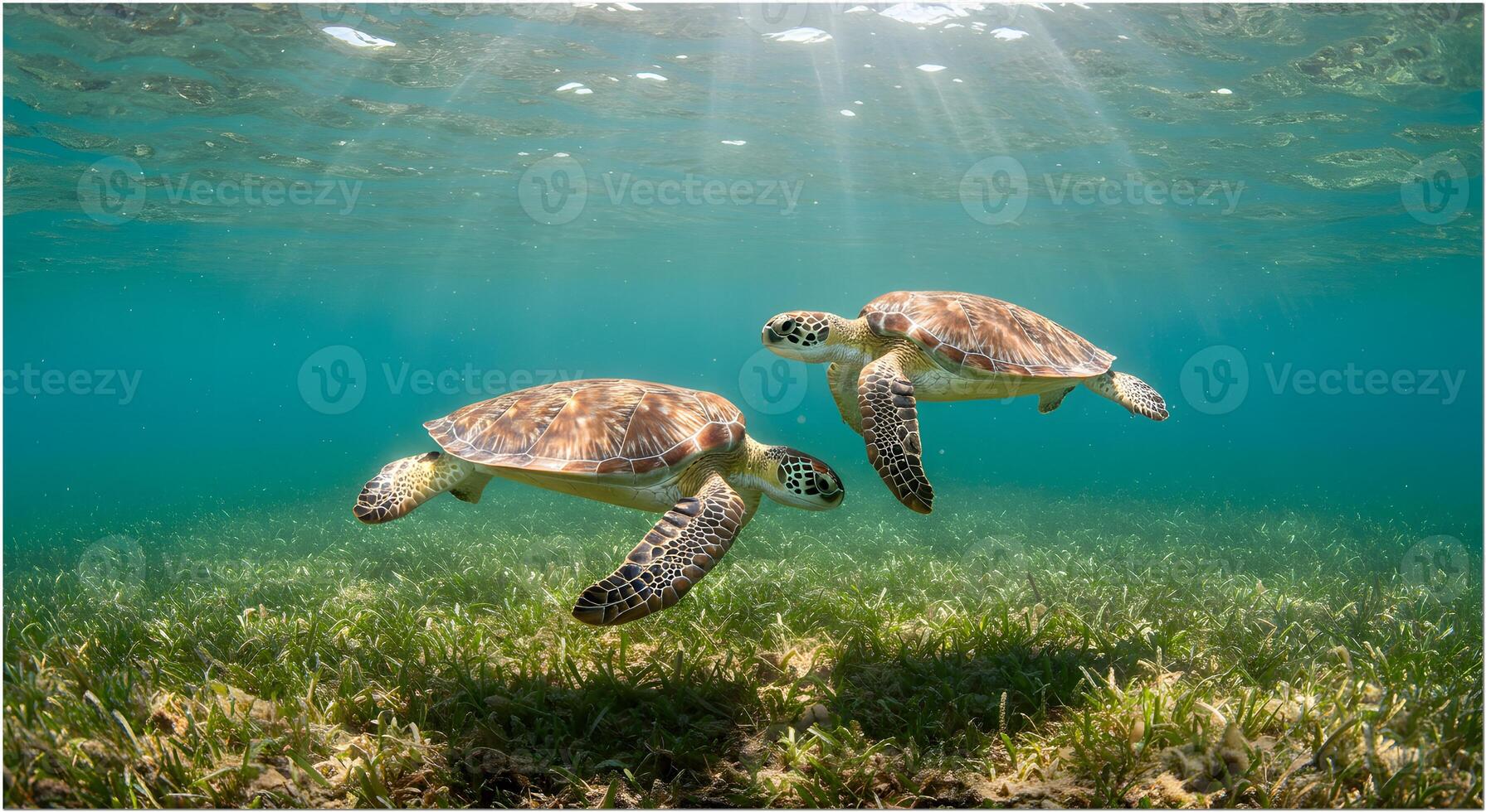 Green Sea Turtle Feeding on Seagrass in Clear Turquoise Water Mamburit Island photo