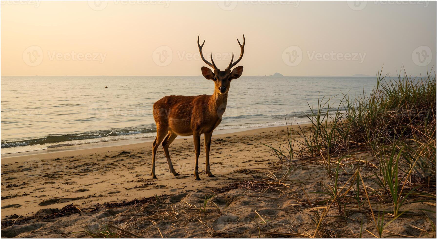 Majestic Javan Rusa Deer on White Sand Beach at Sunrise Pulau Menjangan Bali photo