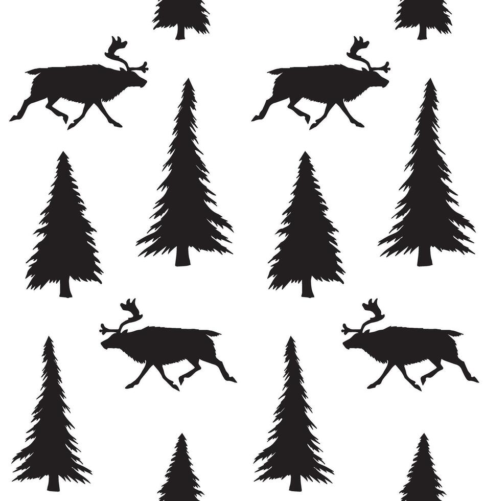 Seamless pattern of hand drawn doodle sketch reindeer and spruce tree on white background vector