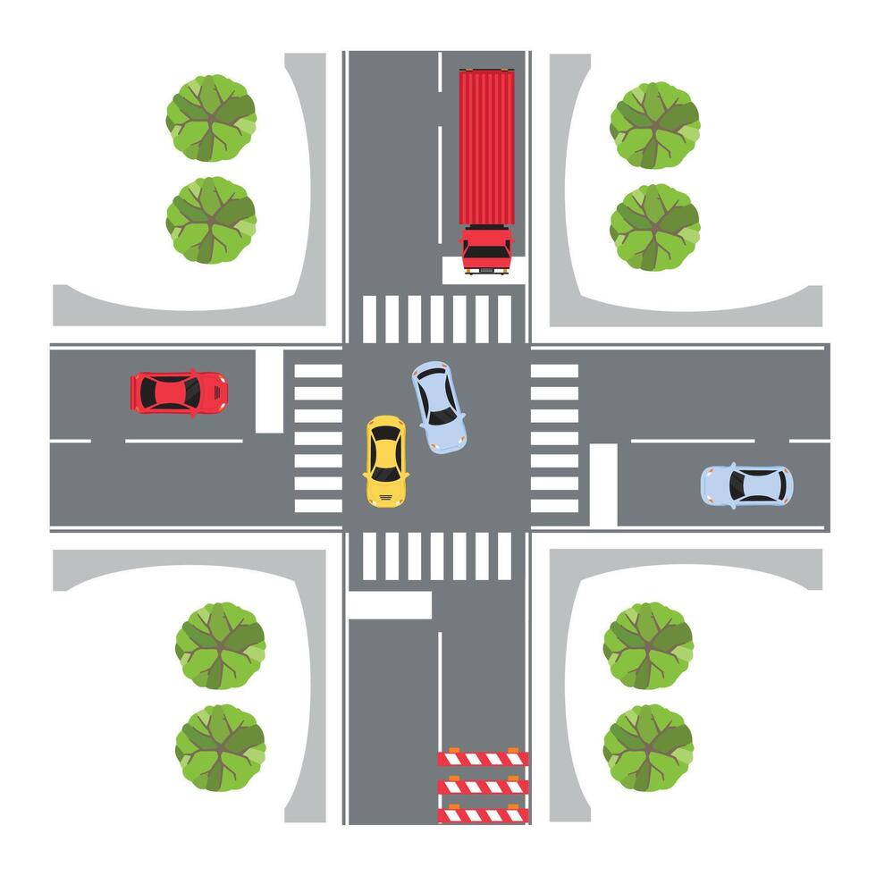 Crossroad top view. A road intersection with cars passing by. Illustration. An urban street with transportation at the intersection. vector