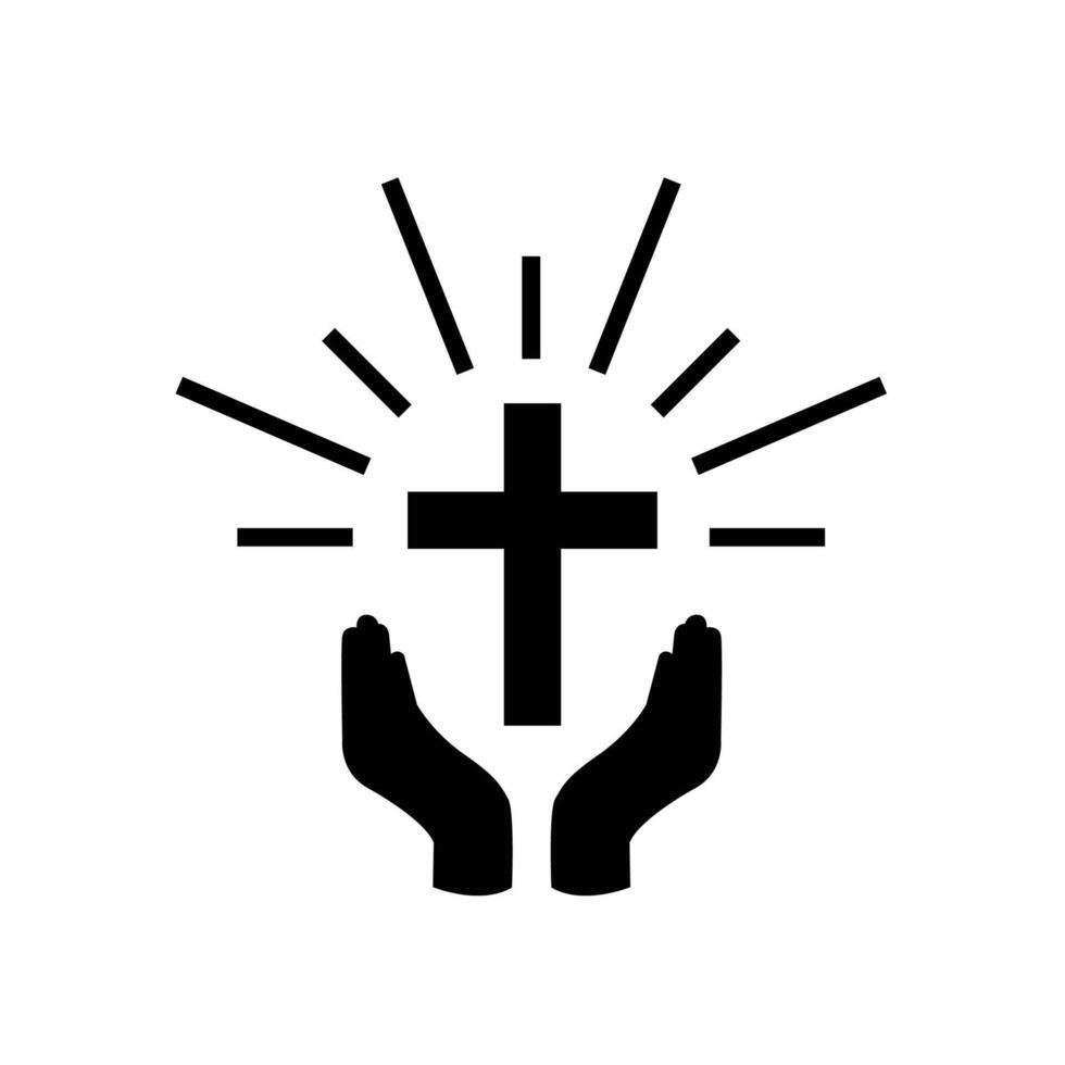 logo of praying hands with holding a cross, christian and glowing cross vector