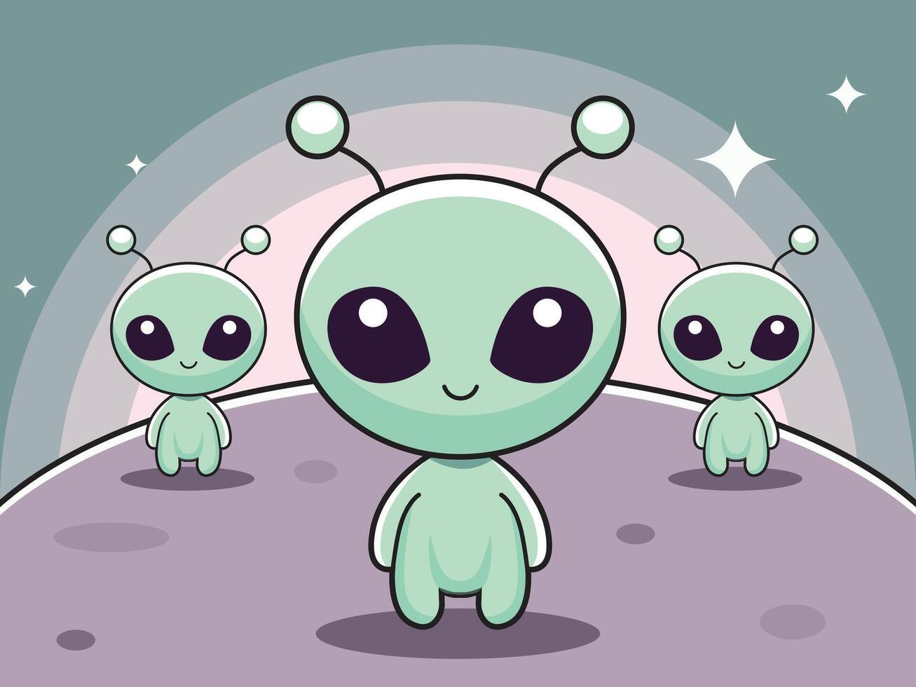 Three cute cartoon aliens on a planet vector