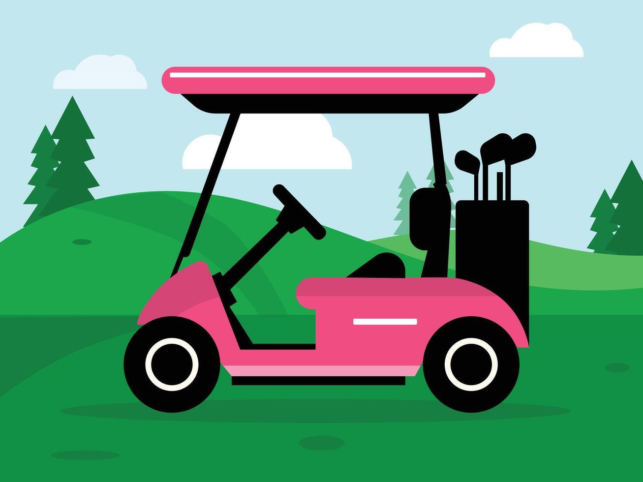 Pink golf cart in a green landscape vector