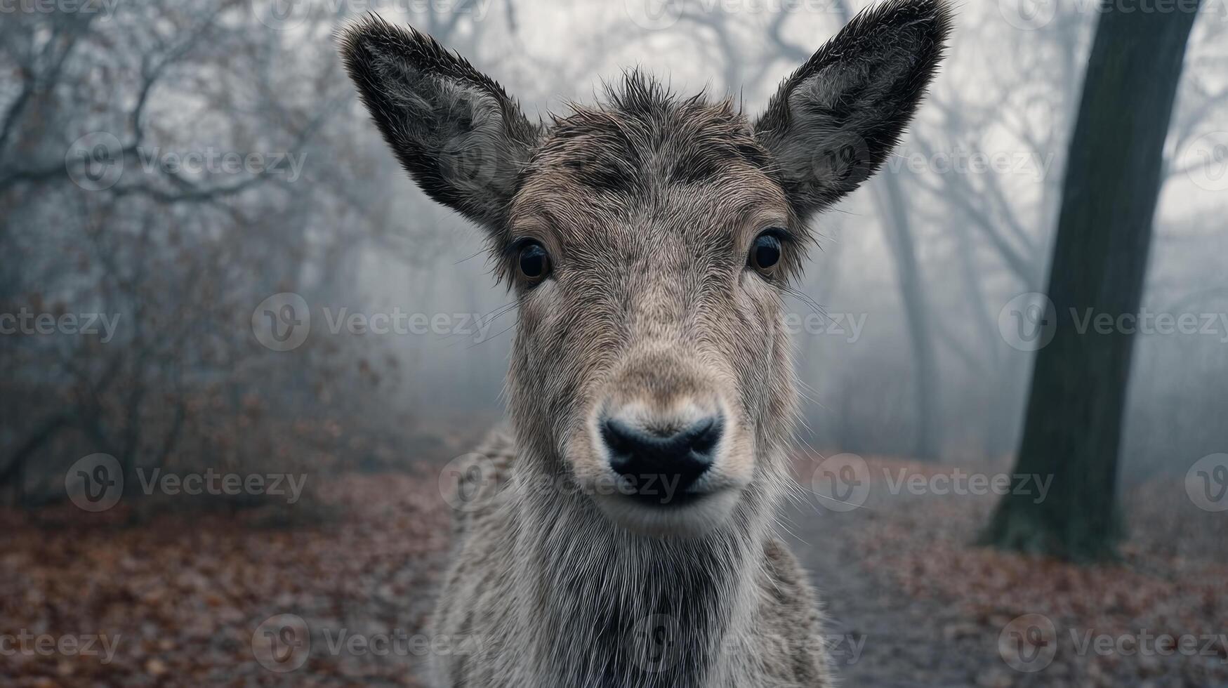 Close-up of a Curious Deer in a Misty Forest Surrounded by Trees and Fallen Leaves in a Moody Atmosphere photo