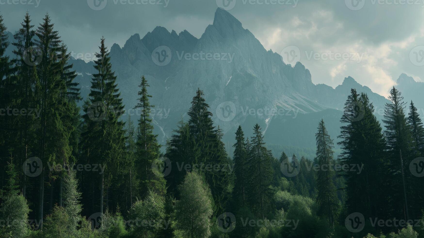 Serene Mountain Landscape Surrounded by Lush Green Forest Under Foreboding Dark Clouds in Majestic Natural Setting photo