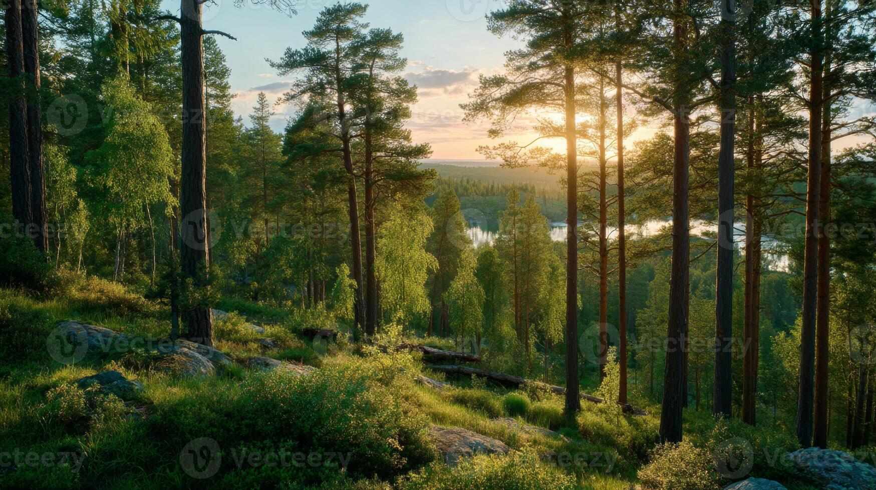 Serene Sunset Over Lush Forest Landscape with Trees and River Reflecting Golden Light in Tranquil Nature Setting photo