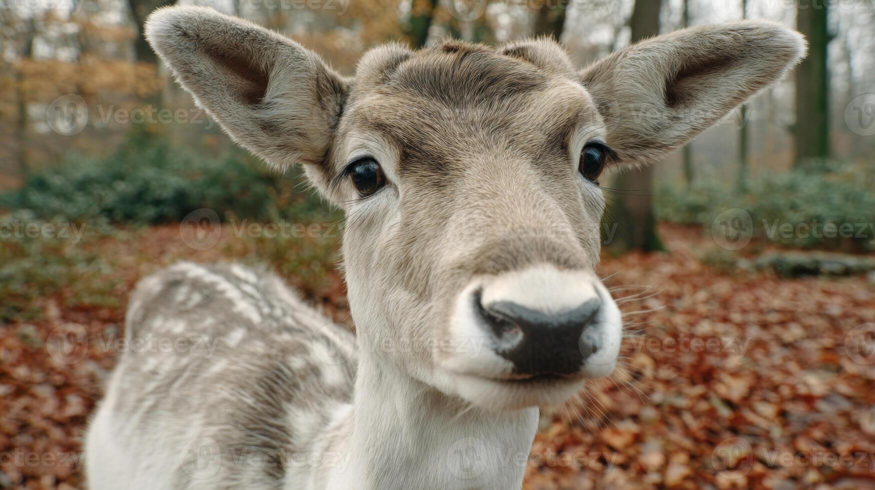 Close-Up of a Young Deer in a Forest with Autumn Leaves in Soft Light and Blurred Background of Trees and Foliage photo