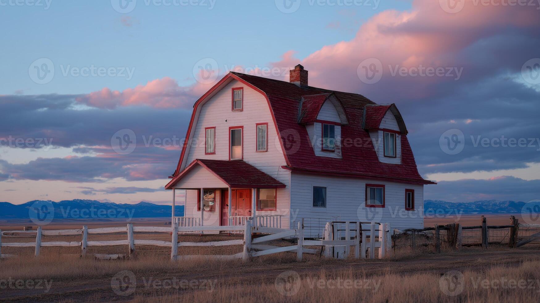 Charming white farmhouse with red roof at sunset against a dramatic sky over vast open landscape and distant mountains photo