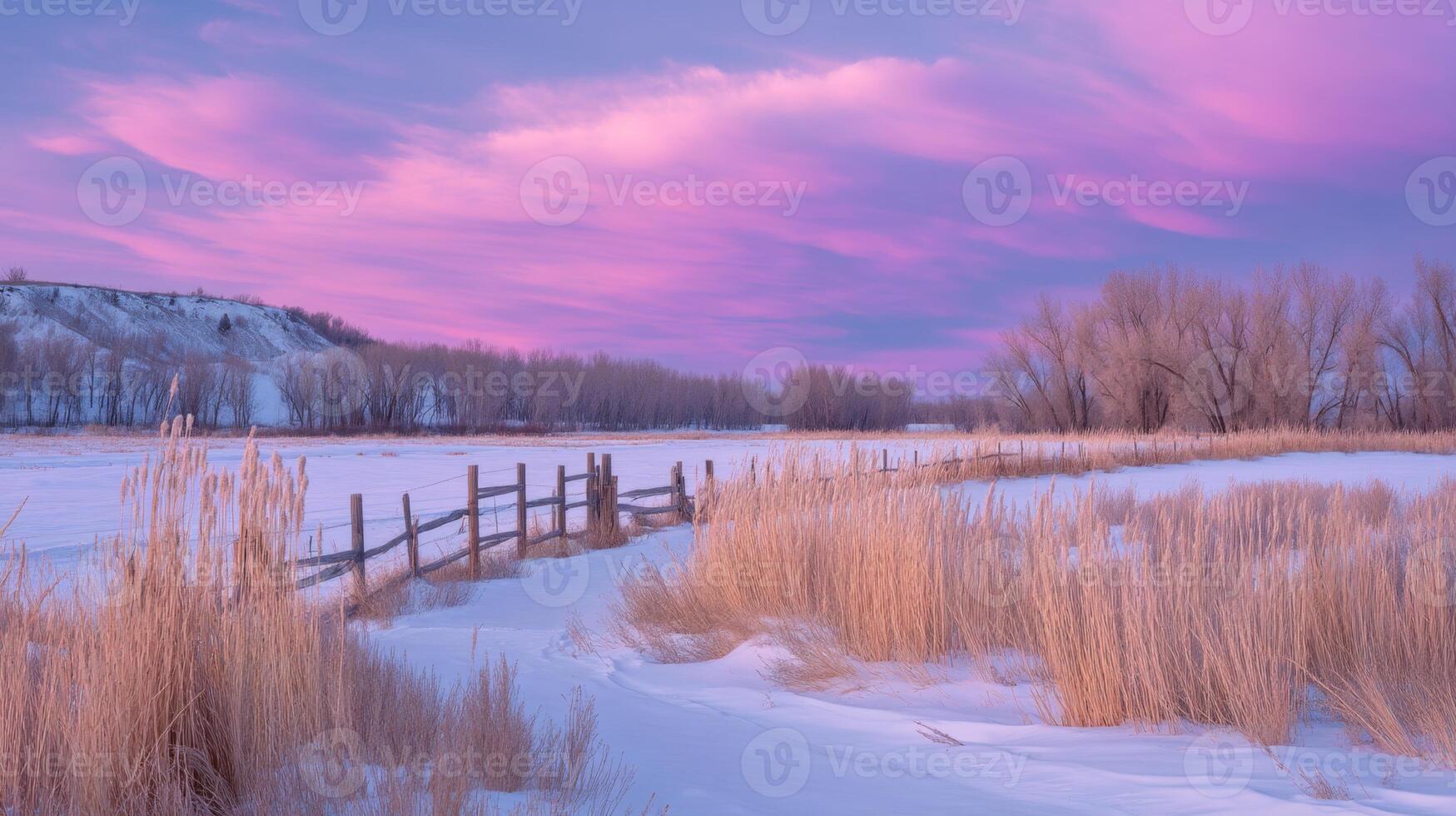 Serene Winter Landscape with Pink Sky and Frosty Grass at Sunset Over a Frozen Lake in a Tranquil Rural Setting photo