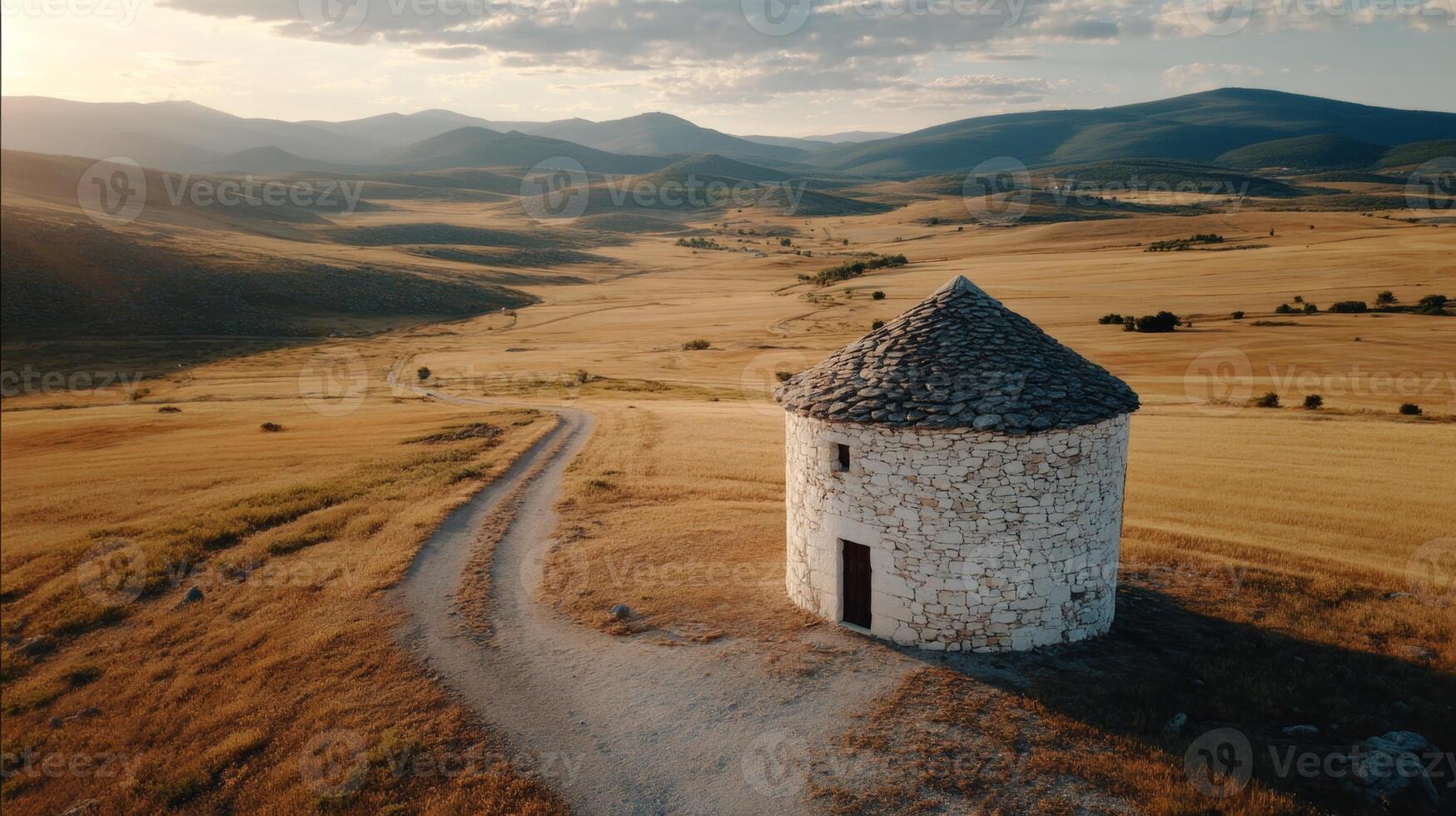 Serene Landscape with Isolated Stone Structure on Rolling Hills Under a Golden Sky at Sunset photo