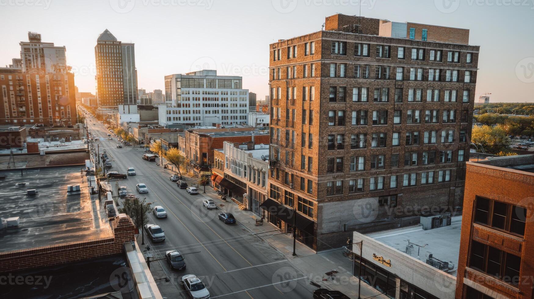 Urban cityscape at sunset with buildings, streets, and warm light capturing the essence of city life and urban development photo