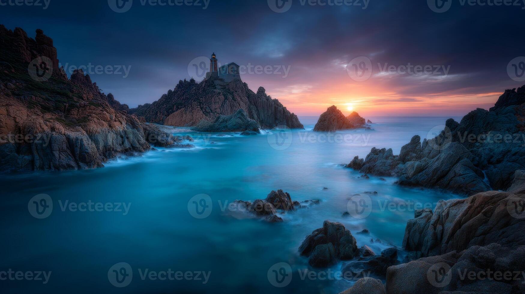 Dramatic Coastal Landscape at Dusk with Serene Waters and Majestic Rocks Under a Colorful Sky photo